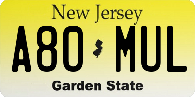 NJ license plate A80MUL