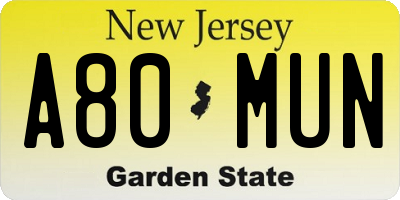 NJ license plate A80MUN