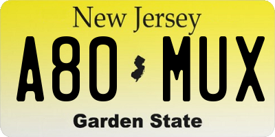 NJ license plate A80MUX