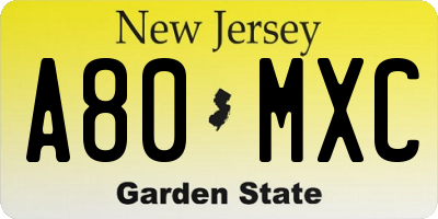 NJ license plate A80MXC