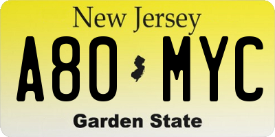 NJ license plate A80MYC