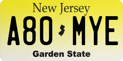 NJ license plate A80MYE