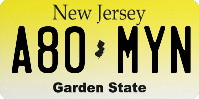NJ license plate A80MYN