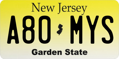 NJ license plate A80MYS