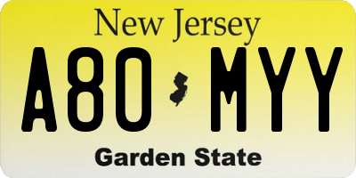 NJ license plate A80MYY
