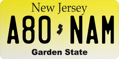 NJ license plate A80NAM