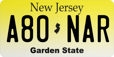 NJ license plate A80NAR