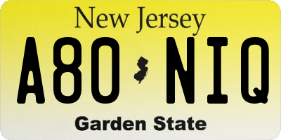 NJ license plate A80NIQ