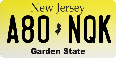NJ license plate A80NQK