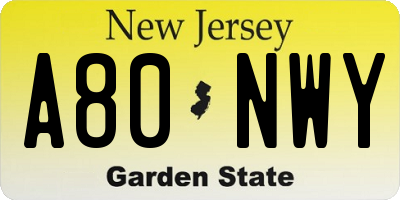 NJ license plate A80NWY