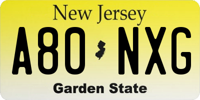 NJ license plate A80NXG