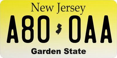 NJ license plate A80OAA