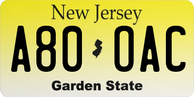 NJ license plate A80OAC