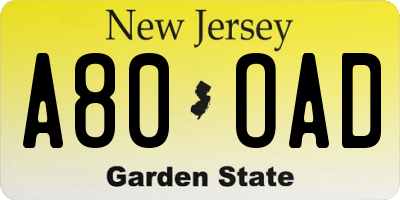 NJ license plate A80OAD