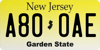 NJ license plate A80OAE