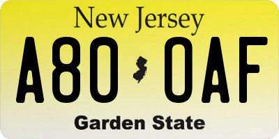 NJ license plate A80OAF