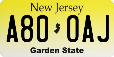 NJ license plate A80OAJ