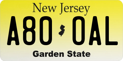 NJ license plate A80OAL