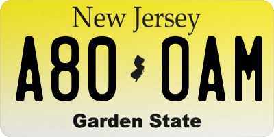 NJ license plate A80OAM