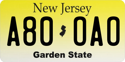 NJ license plate A80OAO