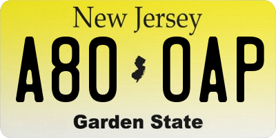 NJ license plate A80OAP