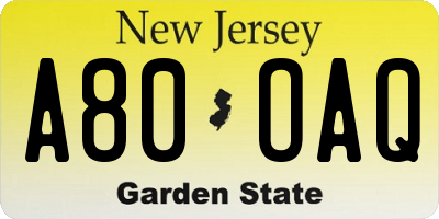 NJ license plate A80OAQ