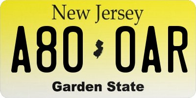 NJ license plate A80OAR