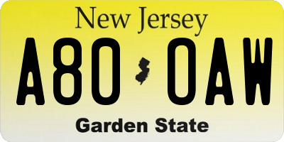 NJ license plate A80OAW