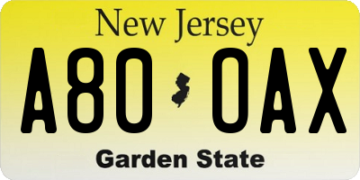 NJ license plate A80OAX