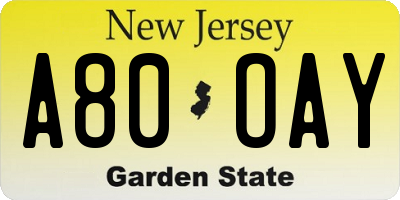 NJ license plate A80OAY