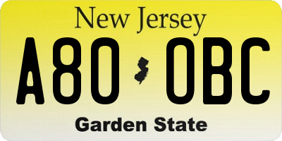 NJ license plate A80OBC