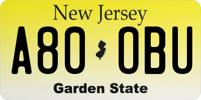 NJ license plate A80OBU