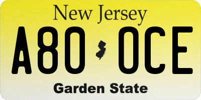 NJ license plate A80OCE