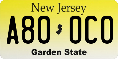 NJ license plate A80OCO
