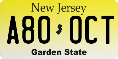 NJ license plate A80OCT
