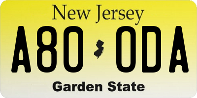 NJ license plate A80ODA