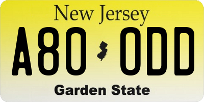 NJ license plate A80ODD