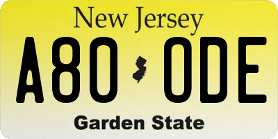 NJ license plate A80ODE