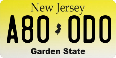 NJ license plate A80ODO