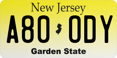 NJ license plate A80ODY