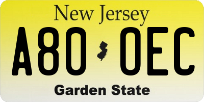 NJ license plate A80OEC