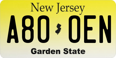 NJ license plate A80OEN