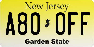 NJ license plate A80OFF