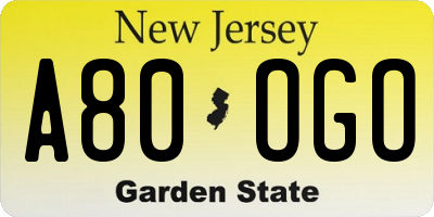 NJ license plate A80OGO