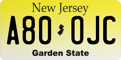 NJ license plate A80OJC
