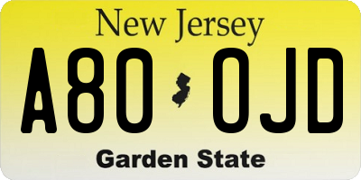 NJ license plate A80OJD