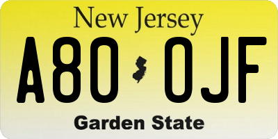 NJ license plate A80OJF