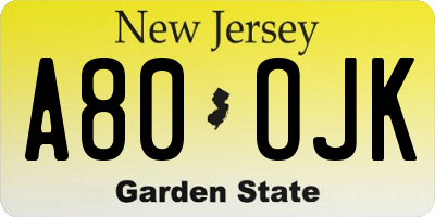 NJ license plate A80OJK