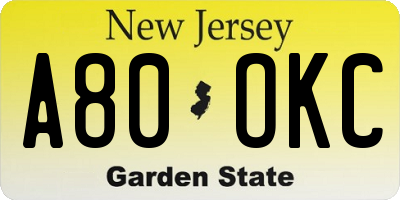 NJ license plate A80OKC