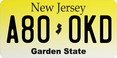 NJ license plate A80OKD
